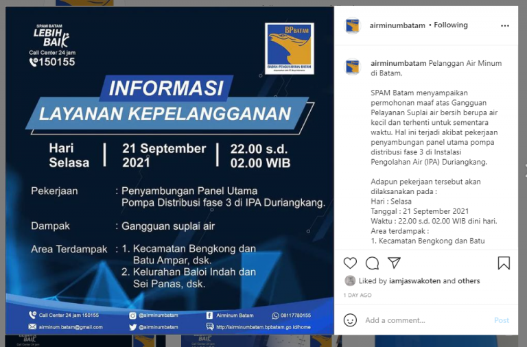 SPAM Batam Umumkan Gangguan Suplai Air Bersih, Ini Kawasan yang Terdampak