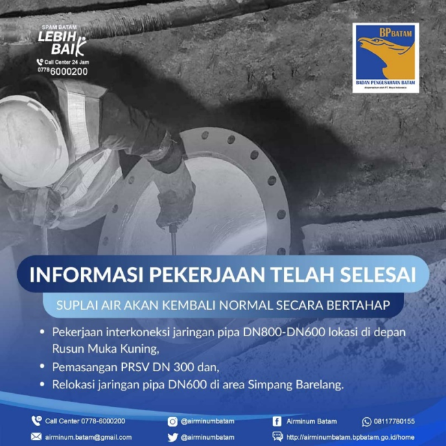Pekerjaan Selesai, Suplai Air di Kawasan Batu Aji Kembali Normal Secara Bertahap