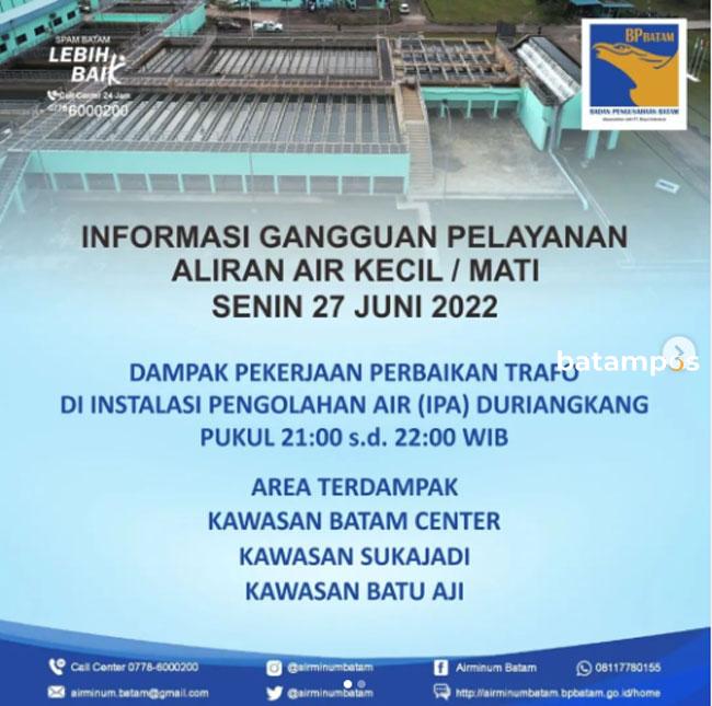 Moya Lakukan Perbaikan Trafo IPA Duriangkang, Ini Area yang Terdampak