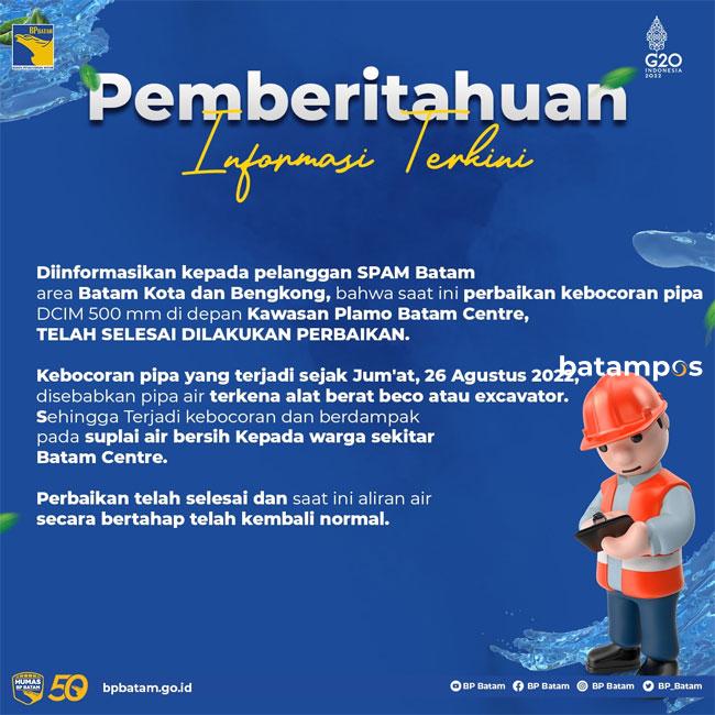 Suplai Air Batam Centre Berangsur Normal