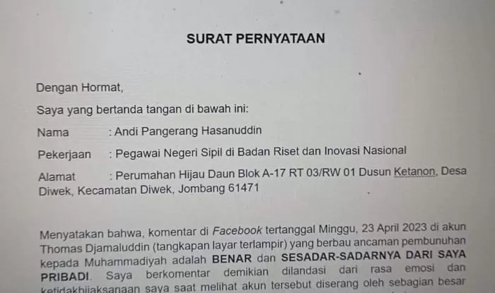Peneliti BRIN Minta Maaf Karena Berkomentar Ancam Bunuh Warga Muhammadiyah
