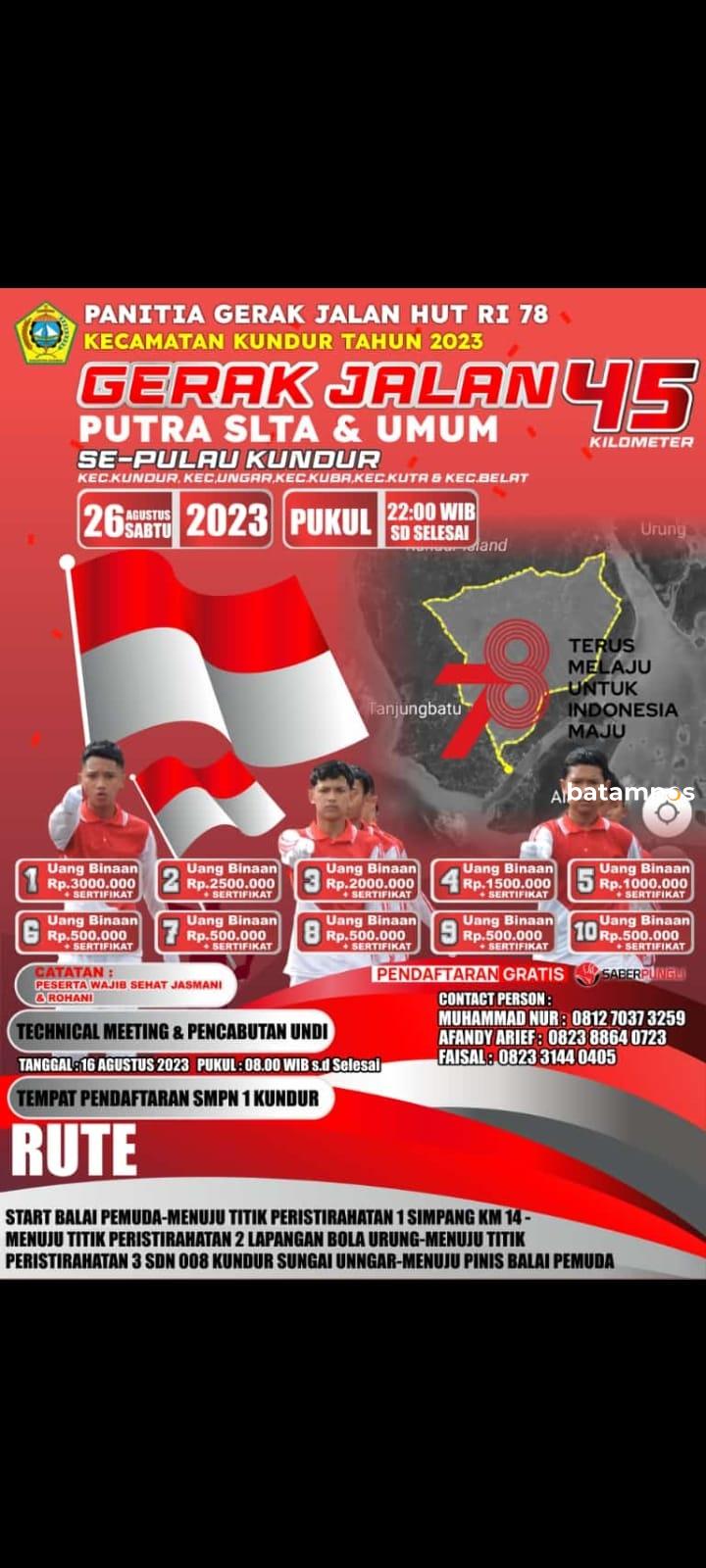 Panitia HUT RI Kecamatan Kundur Gelar Gerak Jalan 45 Kilometer