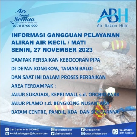 Perbaikan Kebocoran Pipa di Taman Baloi, Ini Area Terdampak Suplai Air