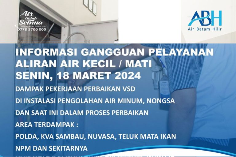 Ada Pekerjaan Perbaikan VSD di Instalasi Pengolahan Air Minum, Nongsa, Berikut Lokasi Terdampak