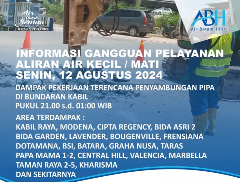 Kabar Air untuk Warga Kabil Raya, Modena, Cipta Regency, Bougenville, Frensiana, Dotamana, BSI, Batara, Graha Nusa, Taras, Papa Mama Residence 1 & 2, Central Hill, Valencia, Marbella, Taman Raya 2 – 5, Kharisma dan Sekitarnya.