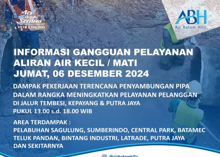 Perhatian! Pasokan Air Bersih akan Terganggu di Beberapa Wilayah Batam