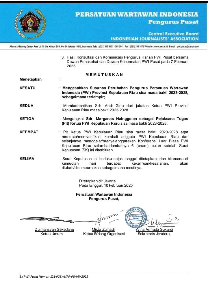 PWI Pusat Tetapkan Marganas Nainggolan Jadi Plt PWI Kepri