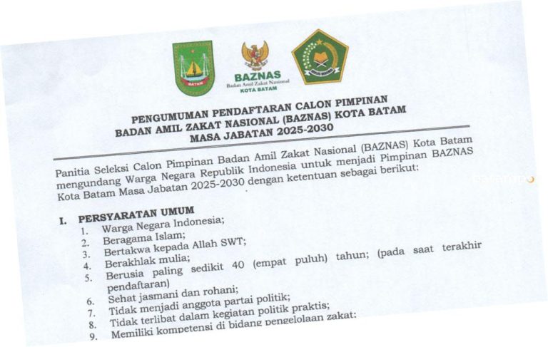 Pemko Batam Buka Seleksi Terbuka Pimpinan BAZNAS Periode 2025-2030