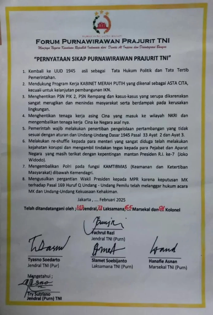 Purnawirawan TNI Desak Pergantian Wapres, Golkar Sebut Gibran Dapat Mandat Rakyat