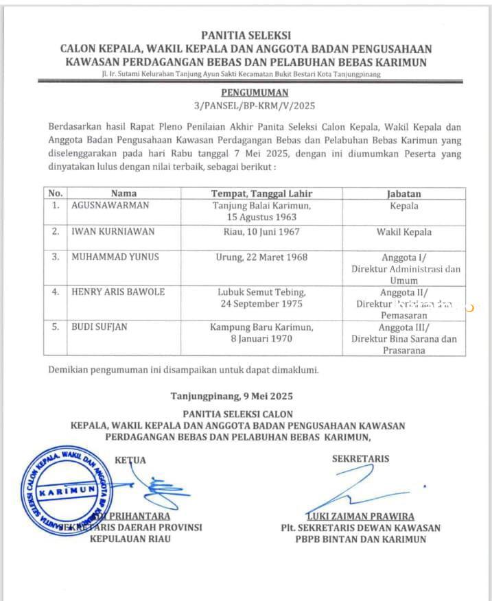 Agusnawarman Terpilih Sebagai Kepala Kawasan FTZ Karimun
