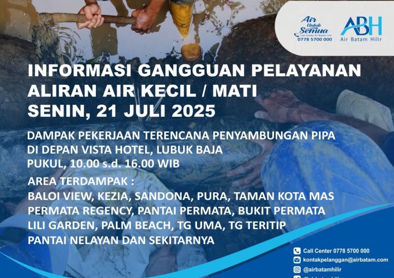 Penyambungan Pipa Air, Pasokan di Sejumlah Wilayah Batam Terganggu
