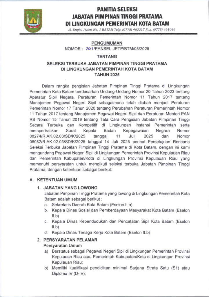 20 ASN Daftar Lelang Empat Jabatan Pimpinan Tinggi Pratama di Pemko Batam