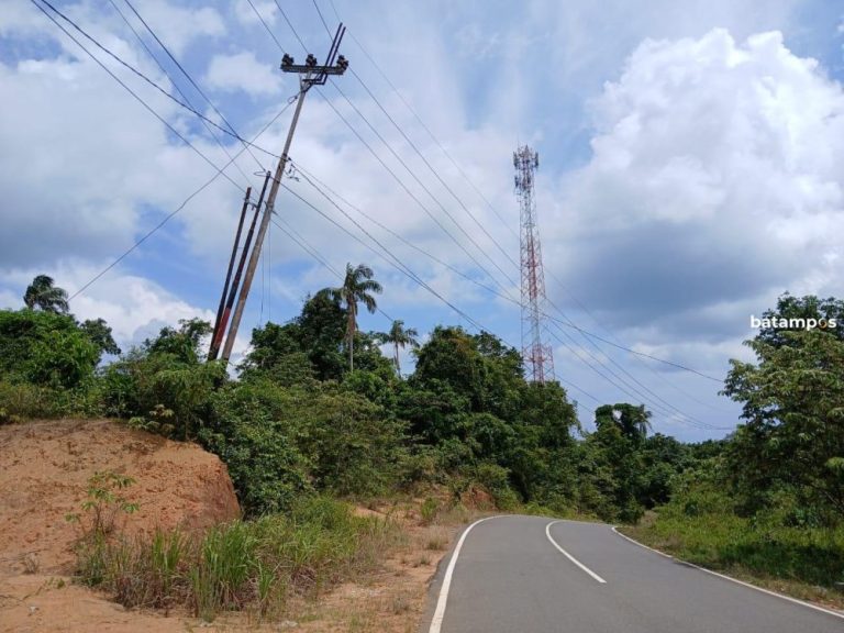 Warga Anambas Waswas, Tiang Listrik PLN Miring ke Jalan Raya Belum Diperbaiki