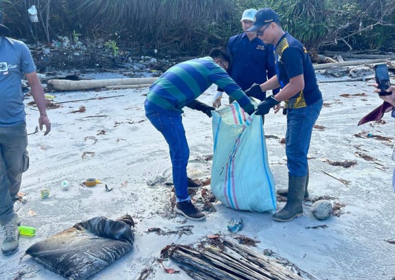 Puluhan Karung Diduga Limbah B3 Terdampar di Pantai Dungun Lingga