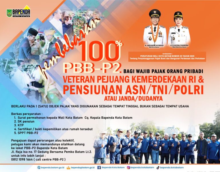 Pemko Batam Gratiskan PBB-P2 untuk Veteran dan Pensiunan, Ini Syarat dan Cara Mengajukannya